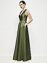 Side View Thumbnail - Olive Green Sleeveless V-neck Satin Maxi Dress with Pleated Skirt