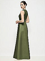Rear View Thumbnail - Olive Green Sleeveless V-neck Satin Maxi Dress with Pleated Skirt