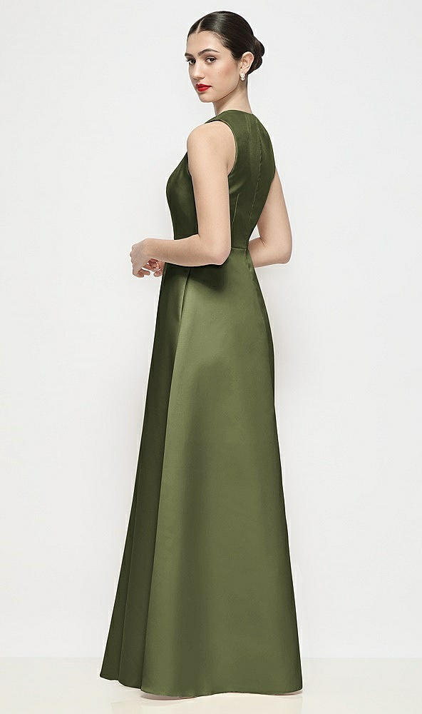 Back View - Olive Green Sleeveless V-neck Satin Maxi Dress with Pleated Skirt