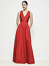 Front View Thumbnail - Poppy Red Sleeveless V-neck Satin Maxi Dress with Pleated Skirt