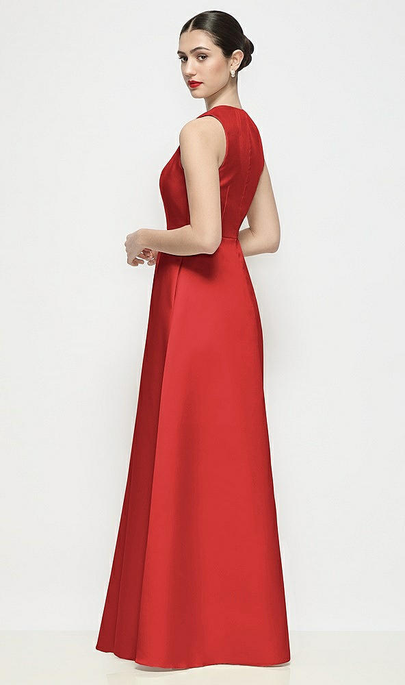 Back View - Poppy Red Sleeveless V-neck Satin Maxi Dress with Pleated Skirt