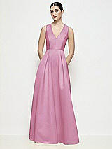 Front View Thumbnail - Powder Pink Sleeveless V-neck Satin Maxi Dress with Pleated Skirt