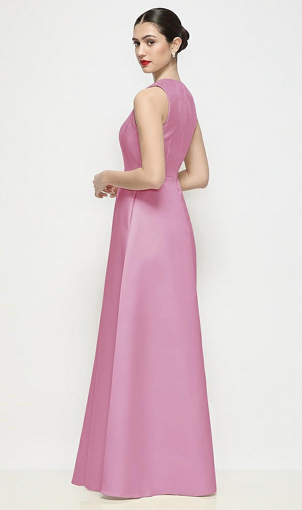 Back View - Powder Pink Sleeveless V-neck Satin Maxi Dress with Pleated Skirt