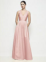 Front View Thumbnail - Rose Sleeveless V-neck Satin Maxi Dress with Pleated Skirt