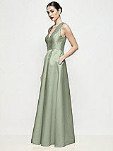 Side View Thumbnail - Sage Sleeveless V-neck Satin Maxi Dress with Pleated Skirt