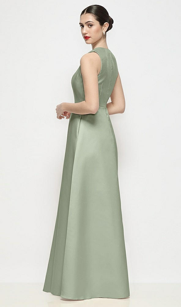 Back View - Sage Sleeveless V-neck Satin Maxi Dress with Pleated Skirt