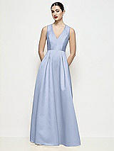 Front View Thumbnail - Sky Blue Sleeveless V-neck Satin Maxi Dress with Pleated Skirt