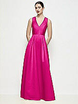Front View Thumbnail - Think Pink Sleeveless V-neck Satin Maxi Dress with Pleated Skirt