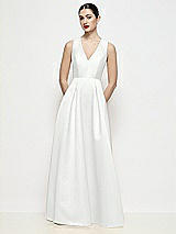 Front View Thumbnail - White Sleeveless V-neck Satin Maxi Dress with Pleated Skirt