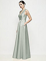 Side View Thumbnail - Willow Green Sleeveless V-neck Satin Maxi Dress with Pleated Skirt