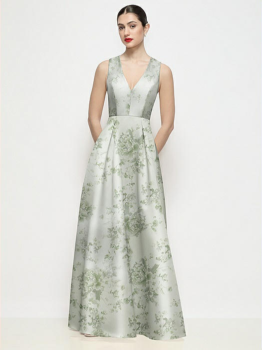Sleeveless V-neck Floral Satin Maxi Dress with Pleated Skirt