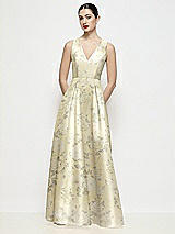 Front View Thumbnail - Butter Yellow Floral Sleeveless V-neck Floral Satin Maxi Dress with Pleated Skirt