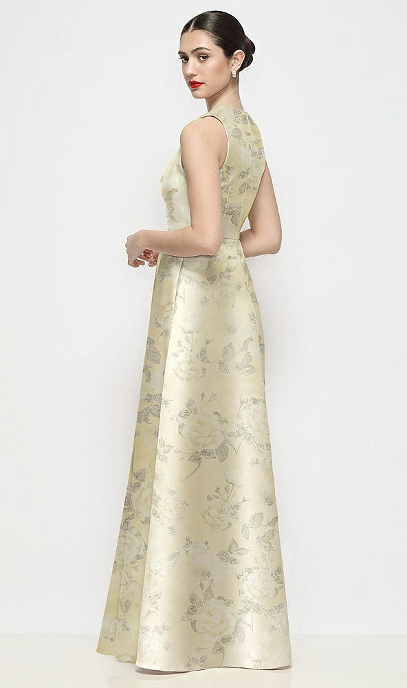 Back View - Butter Yellow Floral Sleeveless V-neck Floral Satin Maxi Dress with Pleated Skirt