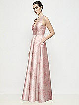 Side View Thumbnail - Bow And Blossom Print Sleeveless V-neck Floral Satin Maxi Dress with Pleated Skirt