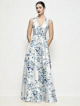 Front View Thumbnail - Cottage Rose Larkspur Sleeveless V-neck Floral Satin Maxi Dress with Pleated Skirt