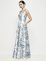 Side View Thumbnail - Cottage Rose Larkspur Sleeveless V-neck Floral Satin Maxi Dress with Pleated Skirt