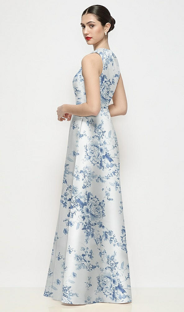 Back View - Cottage Rose Larkspur Sleeveless V-neck Floral Satin Maxi Dress with Pleated Skirt