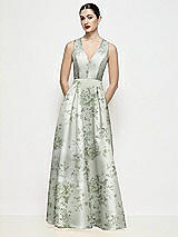 Front View Thumbnail - Sage Cottage Rose Sleeveless V-neck Floral Satin Maxi Dress with Pleated Skirt