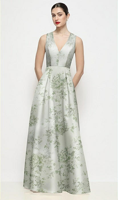 Sleeveless V-neck Floral Satin Maxi Bridesmaid Dress With Pleated Skirt In  Sage Cottage Rose | The Dessy Group