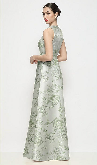 Sleeveless V-neck Floral Satin Maxi Bridesmaid Dress With Pleated Skirt In  Sage Cottage Rose | The Dessy Group