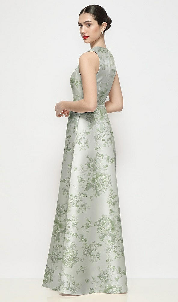 Back View - Sage Cottage Rose Sleeveless V-neck Floral Satin Maxi Dress with Pleated Skirt