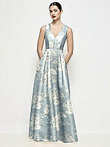 Front View Thumbnail - Porcelain Blue Seraphina Floral Sleeveless V-neck Floral Satin Maxi Dress with Pleated Skirt