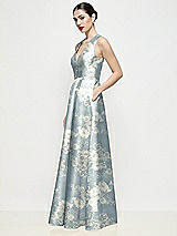 Side View Thumbnail - Porcelain Blue Seraphina Floral Sleeveless V-neck Floral Satin Maxi Dress with Pleated Skirt