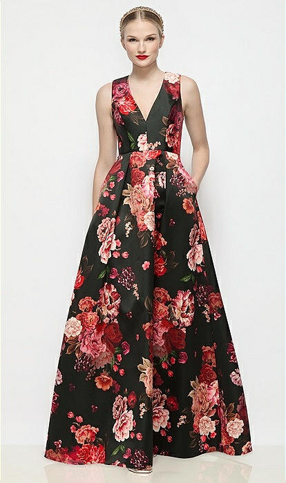 Sleeveless V-neck Fleur De Villes Satin Maxi Bridesmaid Dress With Pleated  Skirt In Wine Black Multi | The Dessy Group