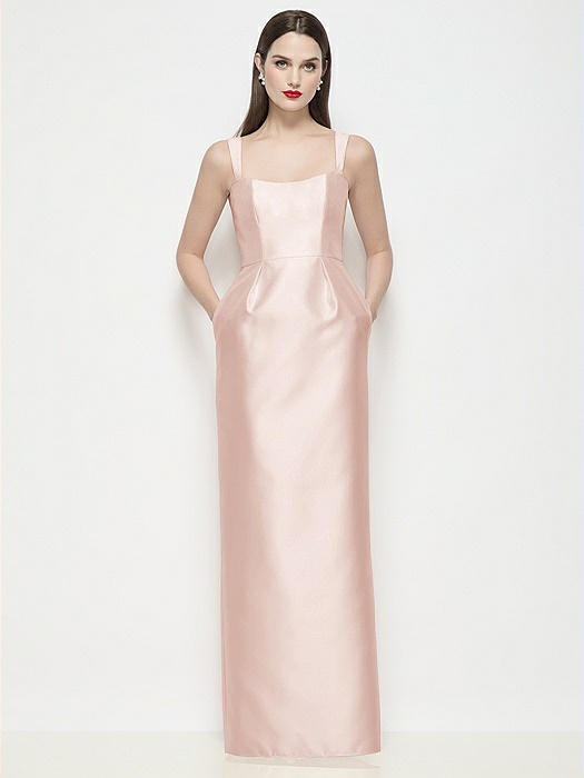 Shaped Strap Basque Neck Satin Maxi Dress with Column Skirt