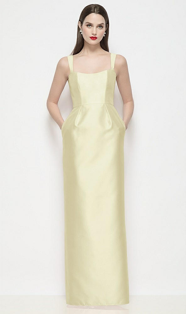 Front View - Butter Yellow Shaped Strap Basque Neck Satin Maxi Dress with Column Skirt