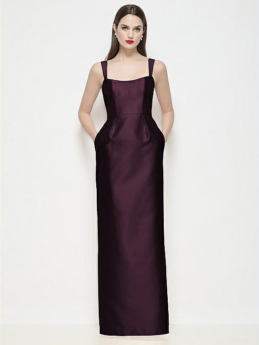Shaped Strap Basque Neck Satin Maxi Dress with Column Skirt