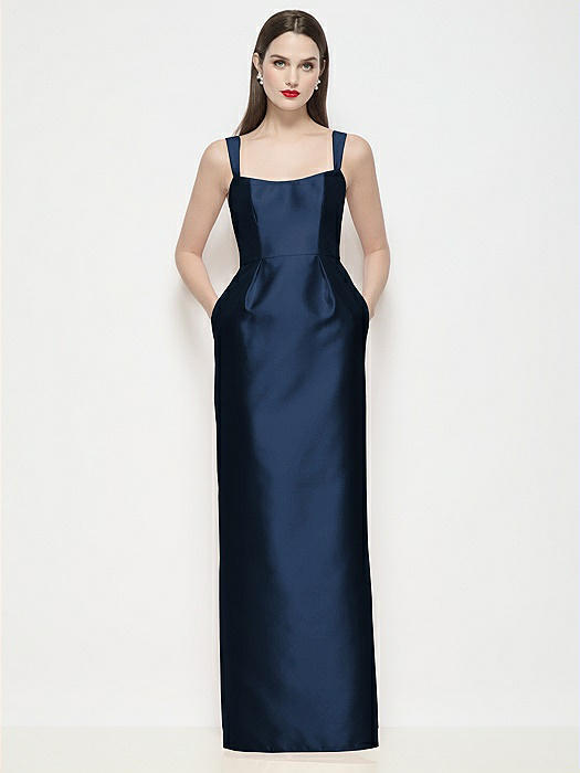 Shaped Strap Basque Neck Satin Maxi Dress with Column Skirt