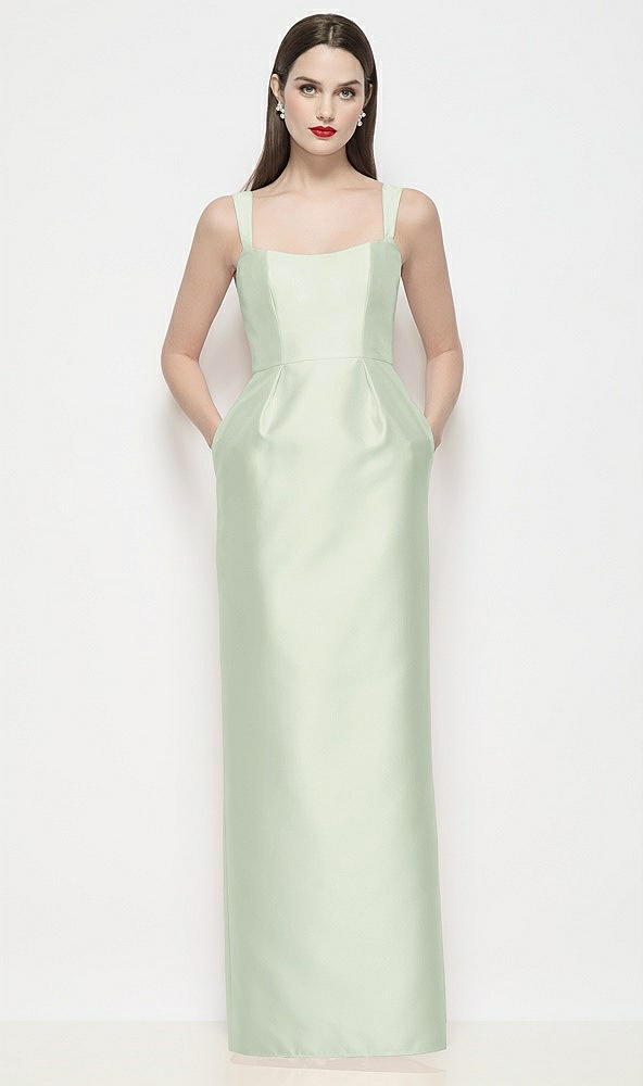 Front View - Mint Green Shaped Strap Basque Neck Satin Maxi Dress with Column Skirt