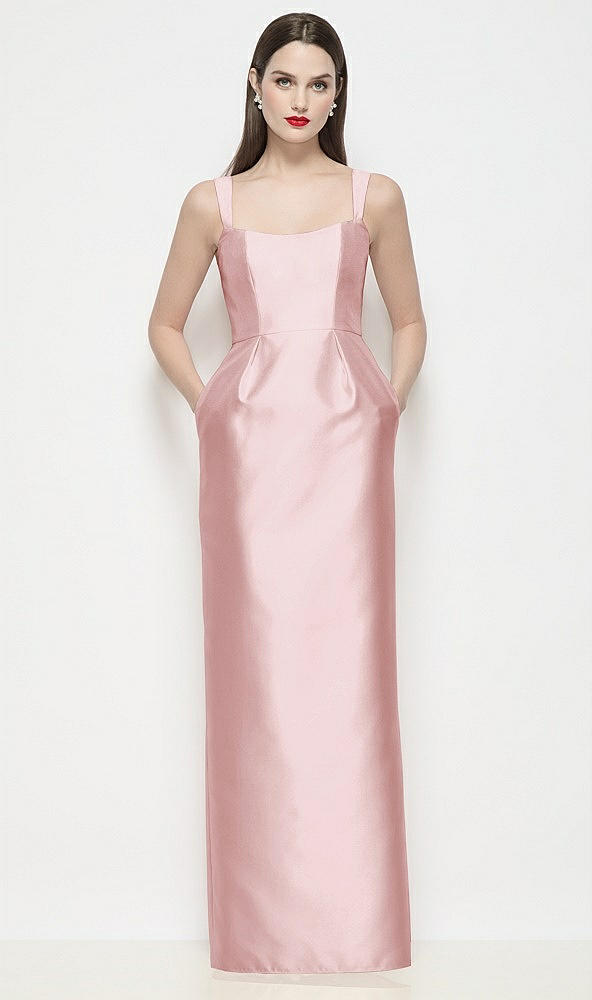 Front View - Ballet Pink Shaped Strap Basque Neck Satin Maxi Dress with Column Skirt