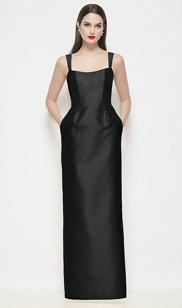 Front View - Black Shaped Strap Basque Neck Satin Maxi Dress with Column Skirt