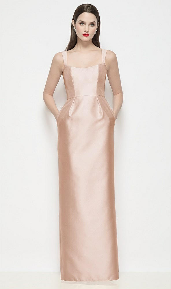 Front View - Cameo Shaped Strap Basque Neck Satin Maxi Dress with Column Skirt