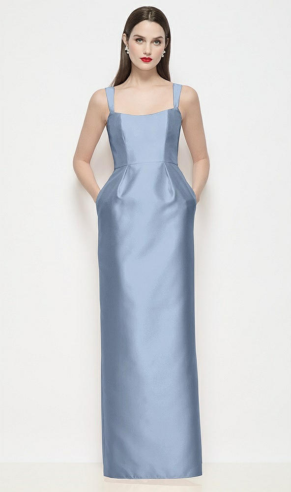 Front View - Cloudy Shaped Strap Basque Neck Satin Maxi Dress with Column Skirt
