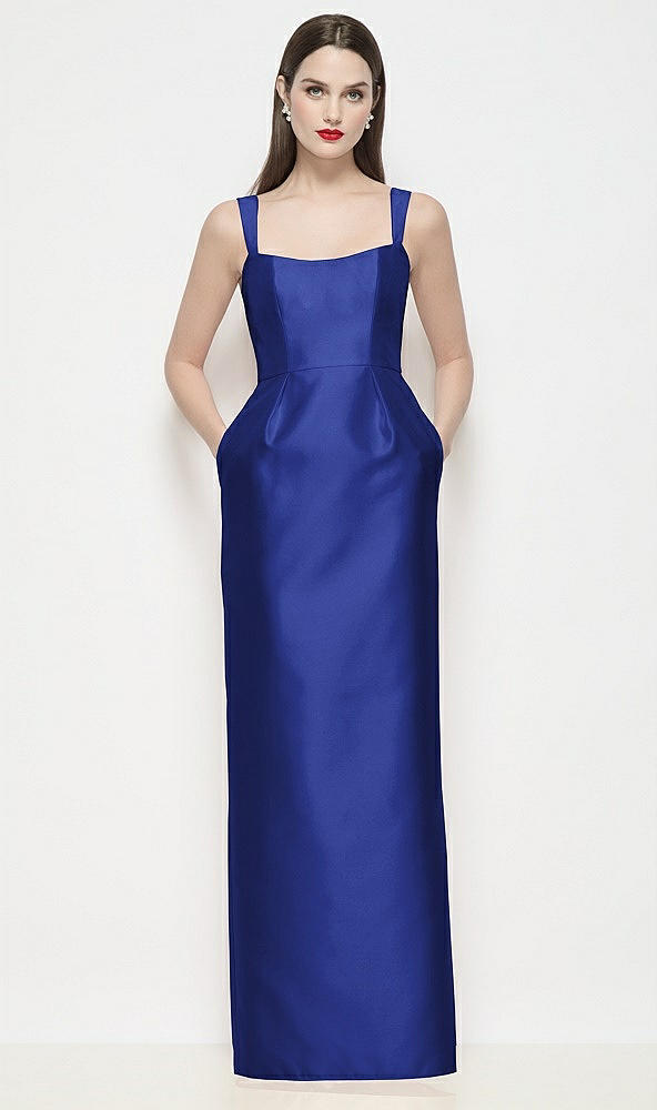 Front View - Cobalt Blue Shaped Strap Basque Neck Satin Maxi Dress with Column Skirt
