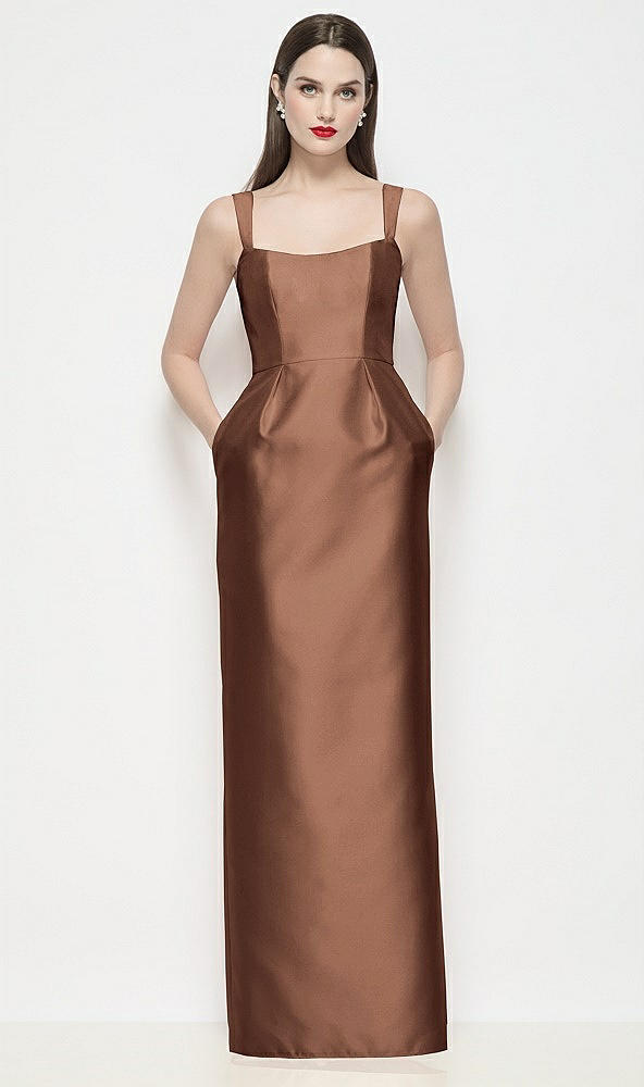 Front View - Cognac Shaped Strap Basque Neck Satin Maxi Dress with Column Skirt