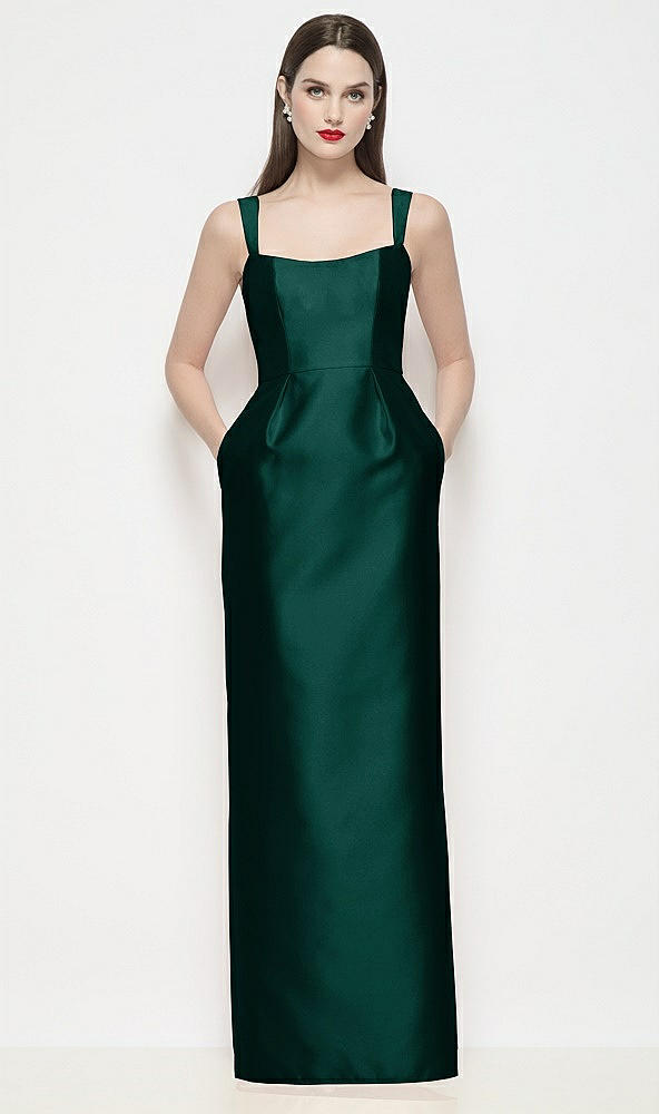 Front View - Evergreen Shaped Strap Basque Neck Satin Maxi Dress with Column Skirt