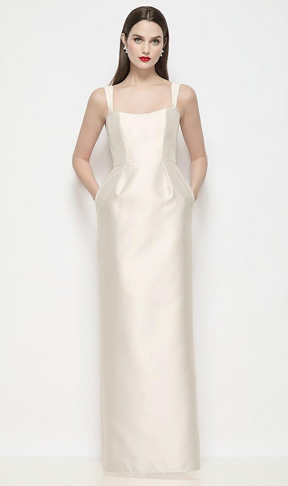 Front View - Ivory Shaped Strap Basque Neck Satin Maxi Dress with Column Skirt