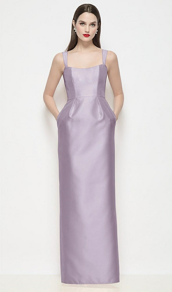 Front View - Lilac Haze Shaped Strap Basque Neck Satin Maxi Dress with Column Skirt