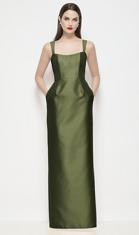Front View - Olive Green Shaped Strap Basque Neck Satin Maxi Dress with Column Skirt
