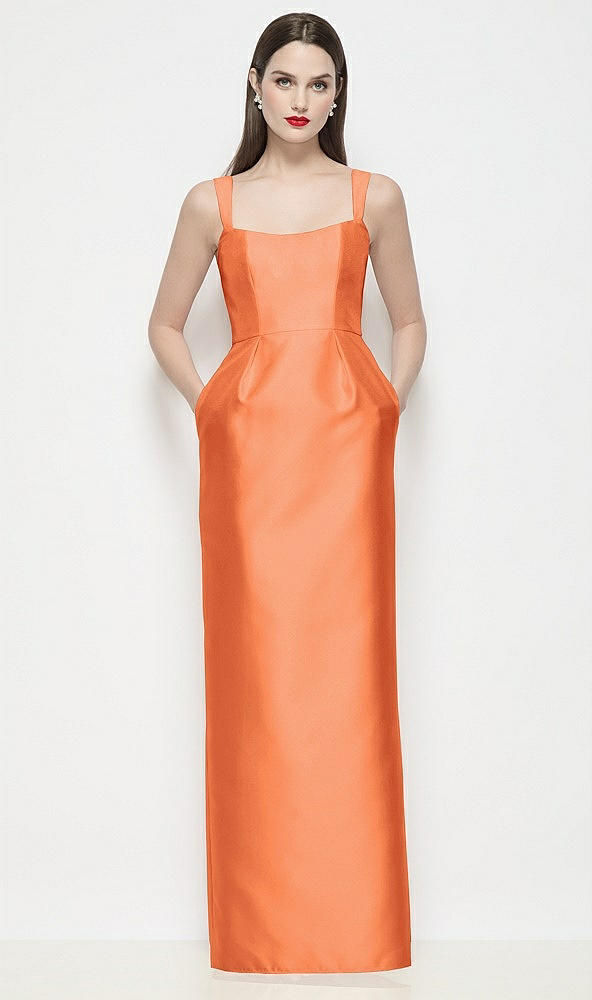 Front View - Portofino Orange Shaped Strap Basque Neck Satin Maxi Dress with Column Skirt