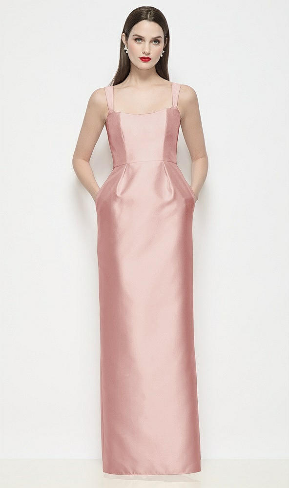 Front View - Rose Shaped Strap Basque Neck Satin Maxi Dress with Column Skirt