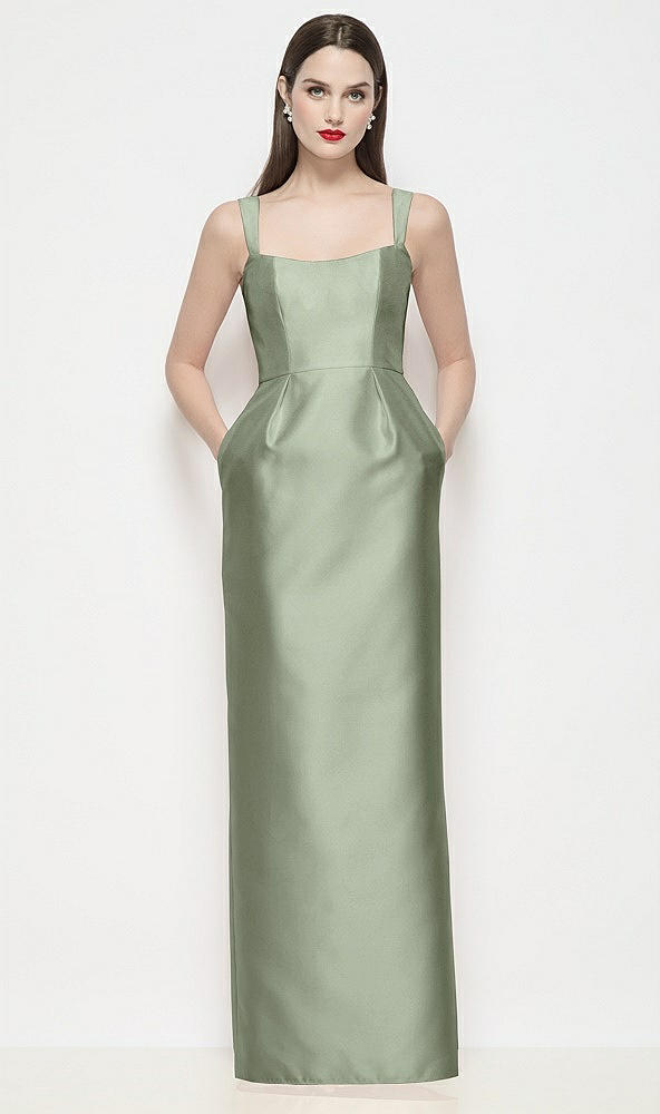 Front View - Sage Shaped Strap Basque Neck Satin Maxi Dress with Column Skirt
