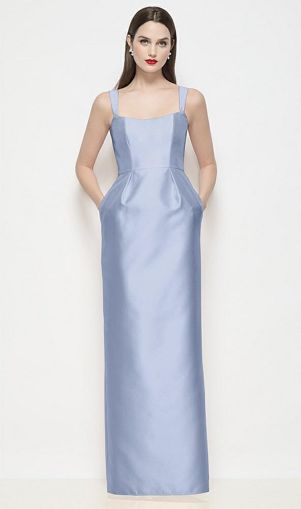 Front View - Sky Blue Shaped Strap Basque Neck Satin Maxi Dress with Column Skirt