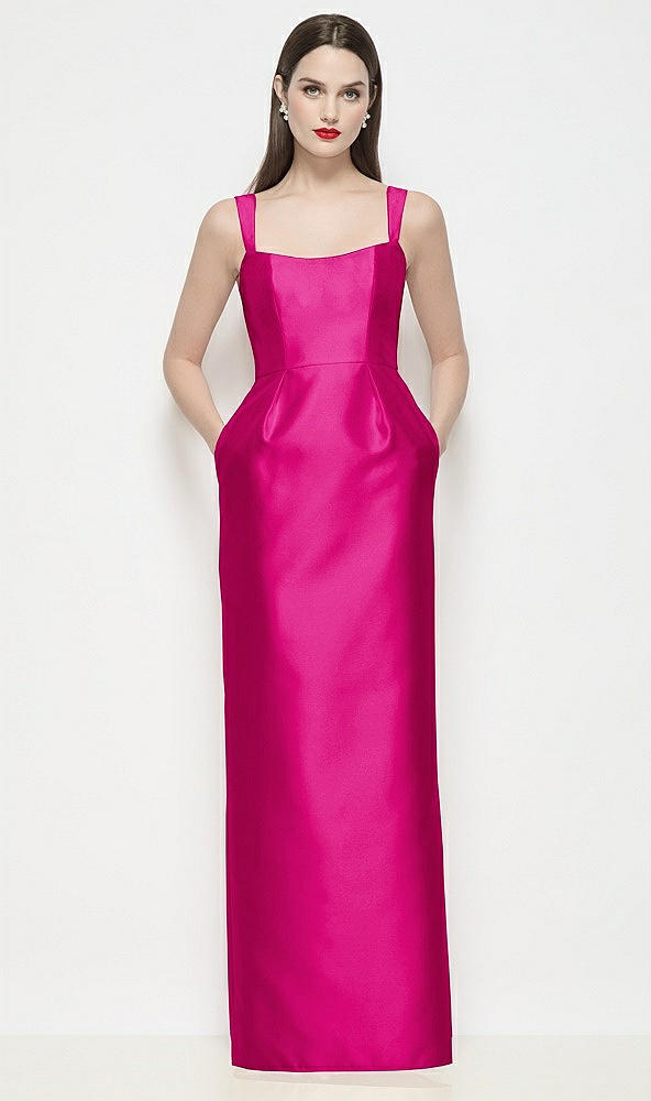 Front View - Think Pink Shaped Strap Basque Neck Satin Maxi Dress with Column Skirt