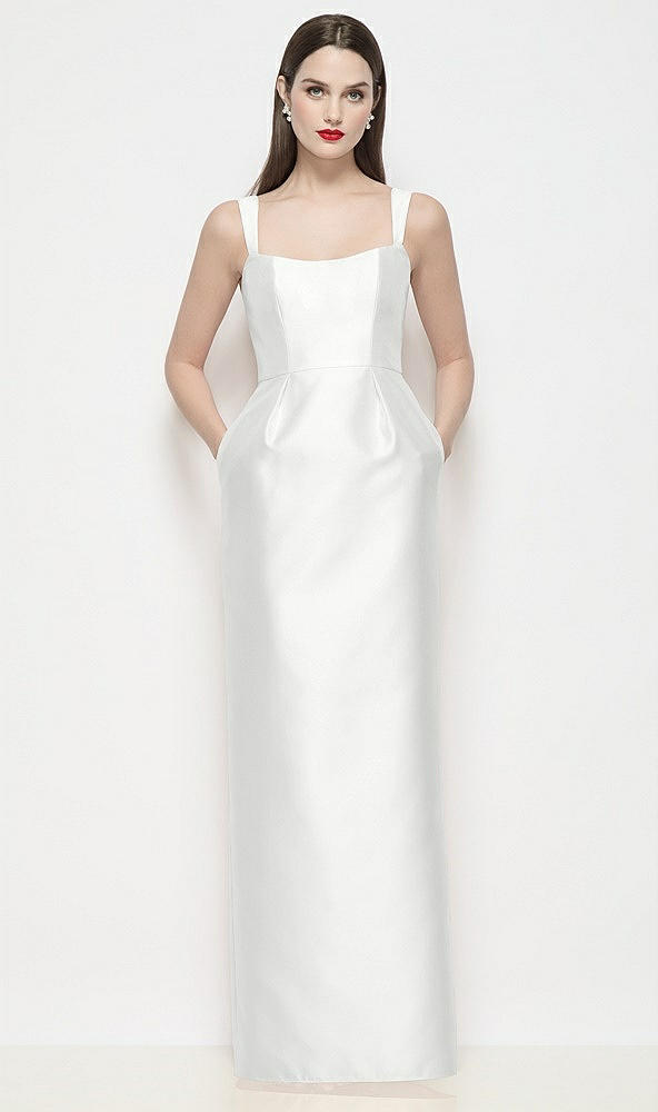 Front View - White Shaped Strap Basque Neck Satin Maxi Dress with Column Skirt