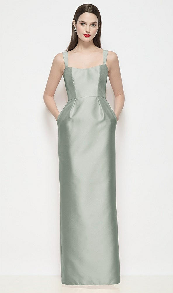 Front View - Willow Green Shaped Strap Basque Neck Satin Maxi Dress with Column Skirt